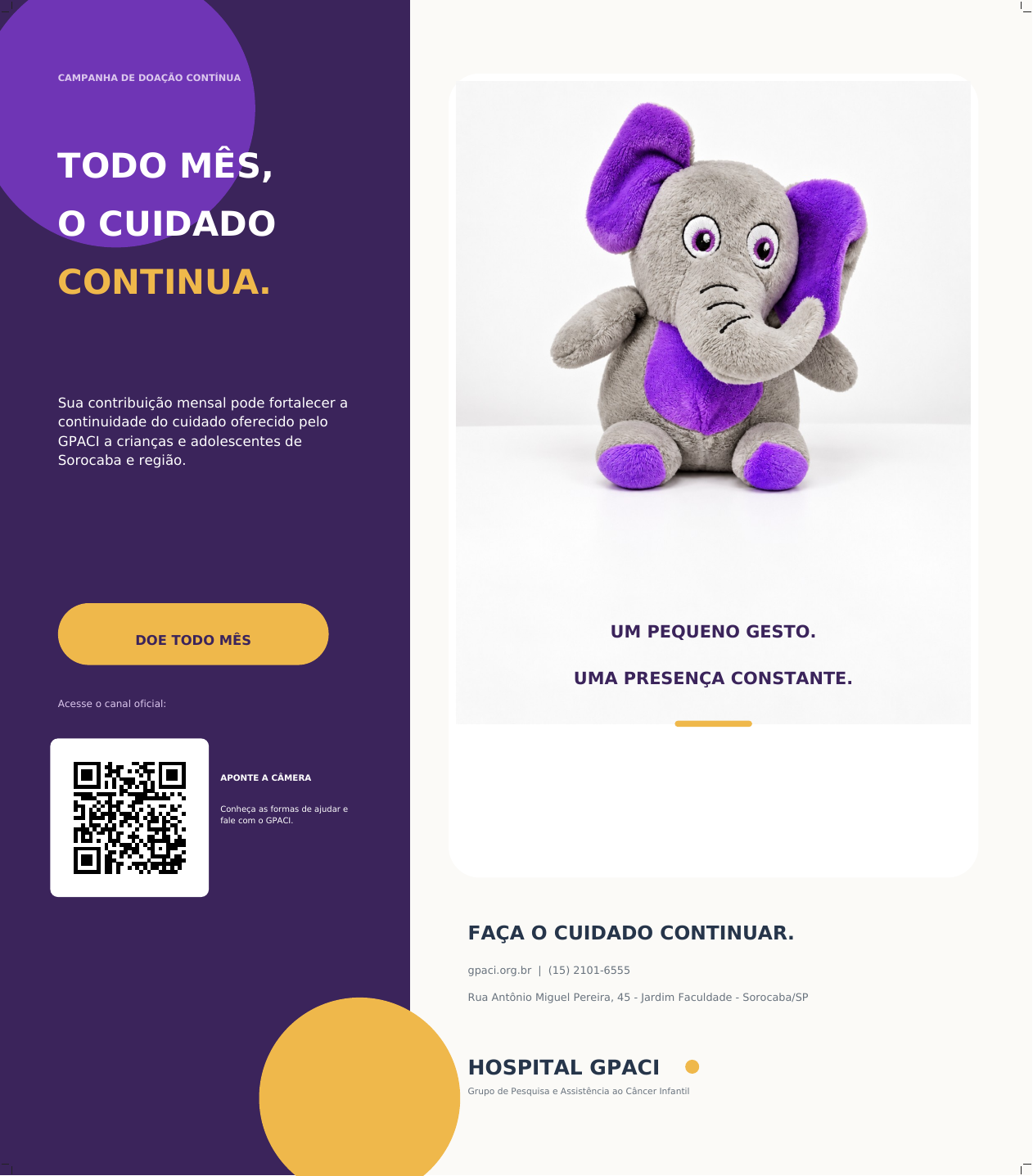 Anúncio acadêmico do GPACI com elefante de pelúcia e convite à doação mensal